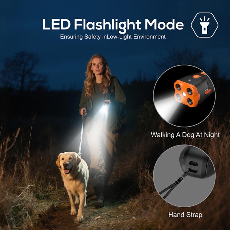 Handheld ultrasonic dog repeller with built-in LED flashlight light and wrist strap loop