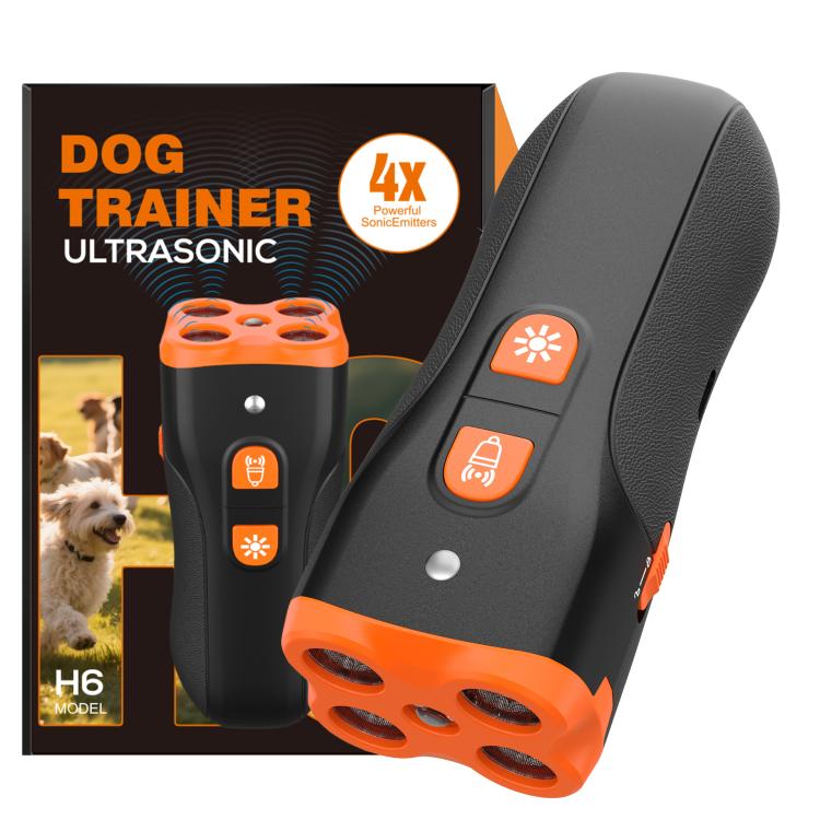 Handheld ultrasonic dog repeller with orange base and three top control buttons