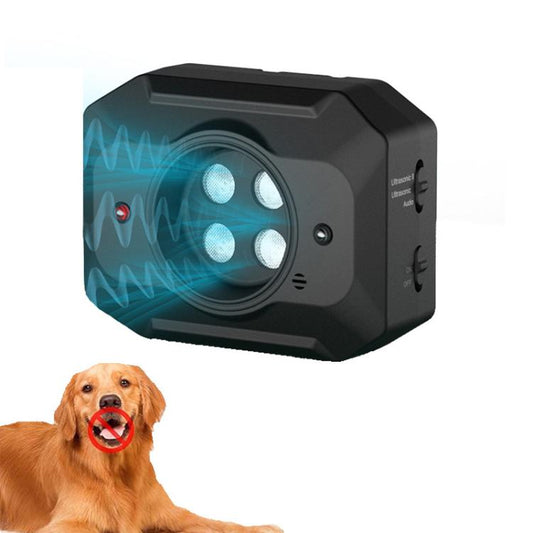 Black ultrasonic dog bark suppressant device with speaker grille and control buttons