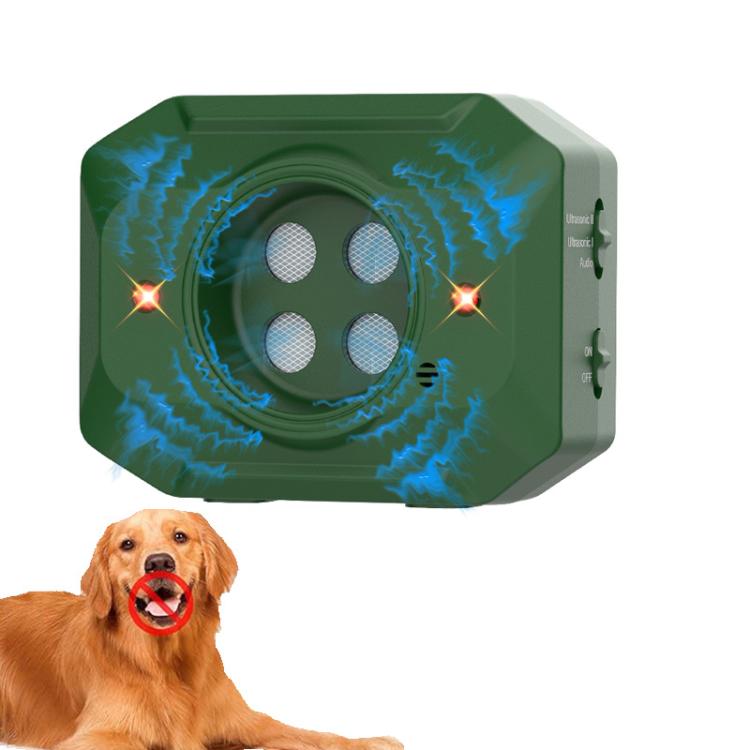 Green ultrasonic dog bark suppressant device with speaker grille and control buttons