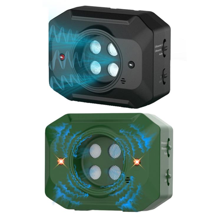 Ultrasonic dog bark suppressant device shown in black and green with speaker grille