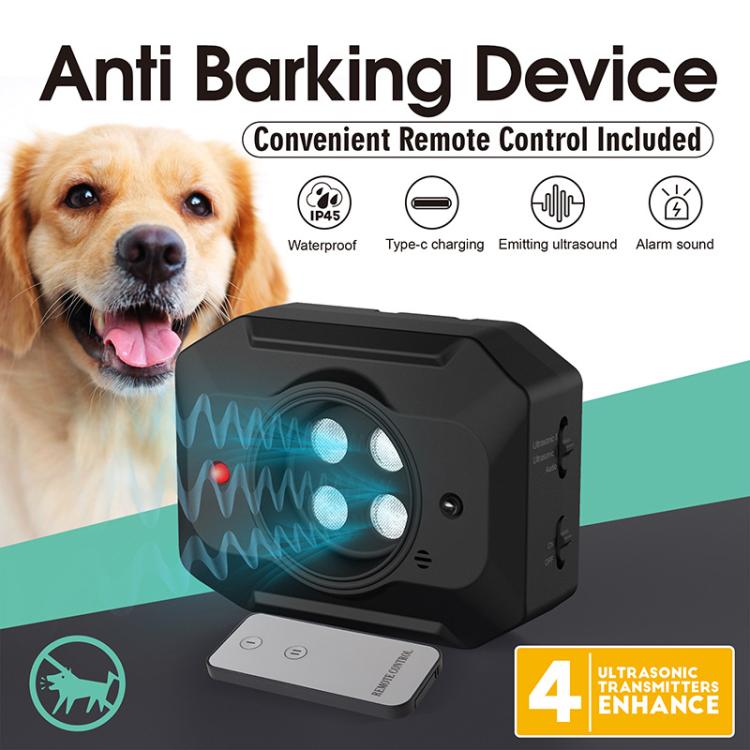 Black ultrasonic dog bark suppressant device with included remote control unit