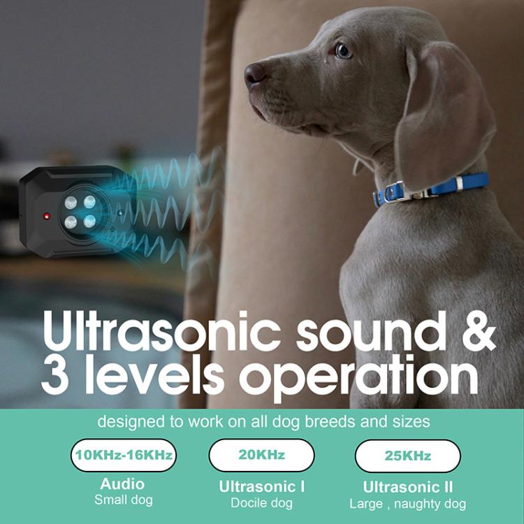 Black ultrasonic dog bark suppressant device emitting blue sound waves