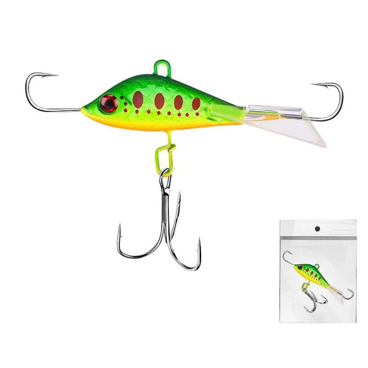 Balanced ice fishing lure, green-yellow with red eye, twin treble hooks and ring
