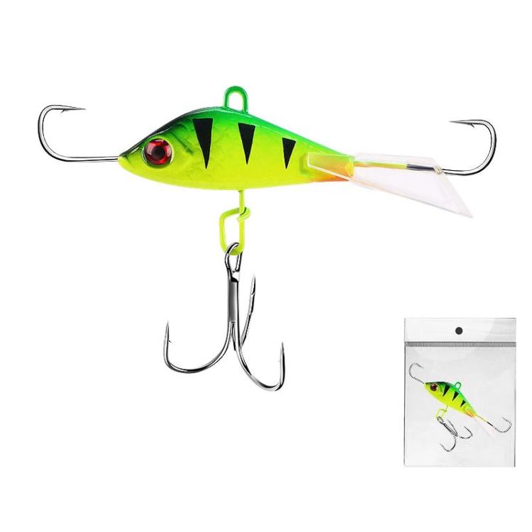 Balanced ice fishing lure, lime-green with black stripes, red eye, treble hooks and ring
