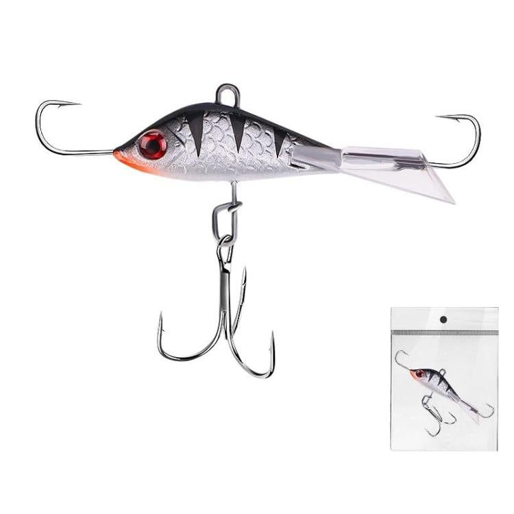 Balanced ice fishing lure, silver-gray with black patterning, red eye, treble hooks and ring
