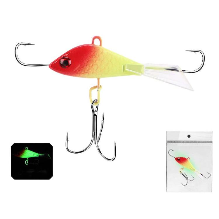 Balanced ice fishing lure, red-to-yellow gradient, red eye, treble hooks and ring