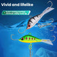Balanced ice fishing lure, green-yellow body with red eye, treble hooks and hanging ring