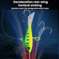 Balanced ice fishing lure, bright green body with red eye, treble hooks and rear wing