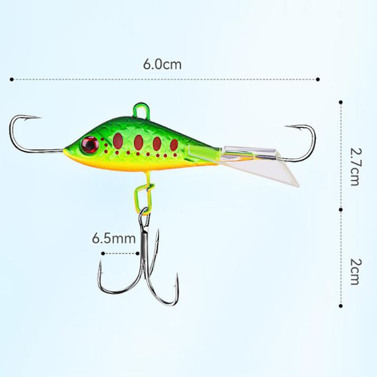 Green-orange metal minnow ice fishing lure with two treble hooks and hanging loop