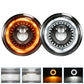 Motorcycle projector headlight pair with amber and white LED rings and starry lens