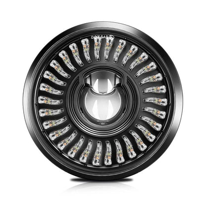 5.75-inch motorcycle LED headlight with black housing and bright white halo ring