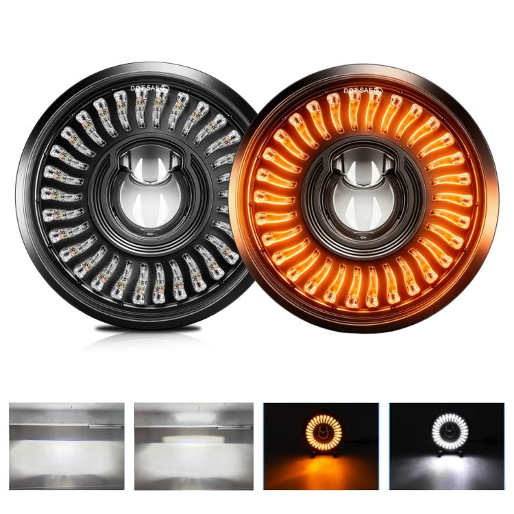 5.75-inch motorcycle LED headlight, one with white halo and one with amber glow