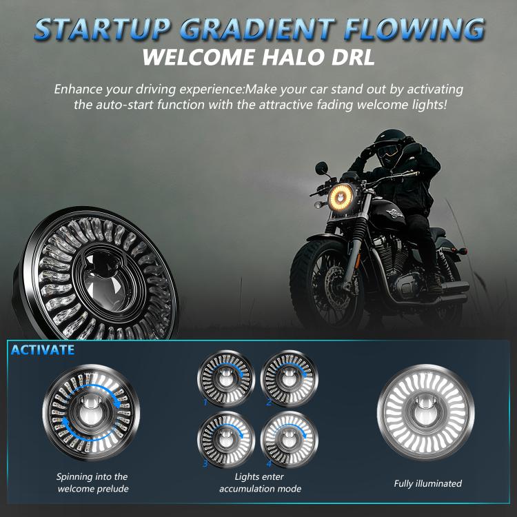 5.75-inch motorcycle headlight with flowing halo welcome glow on black housing