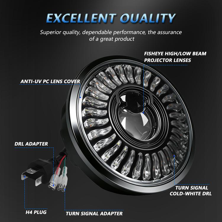 5.75-inch projector motorcycle headlight with detailed LED lens and chrome outer ring