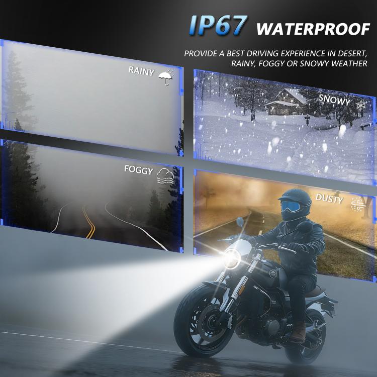 5.75-inch motorcycle headlight on a bike with bright beam in wet-weather style scenes