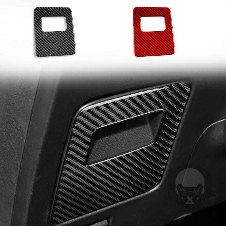 Black carbon-fiber glove box handle trim sticker with rectangular cutout, installed