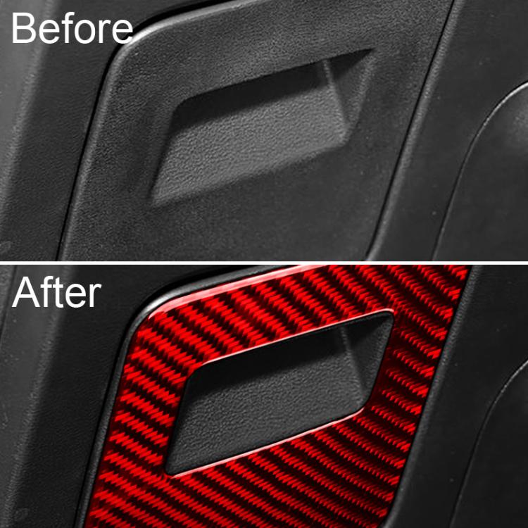 Red carbon-fiber glove box handle trim sticker with rectangular cutout, installed
