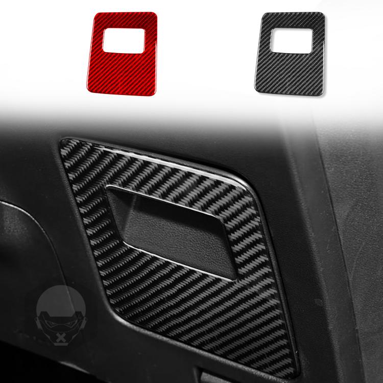 Glove box area trim sticker with rectangular cutout, carbon fiber black