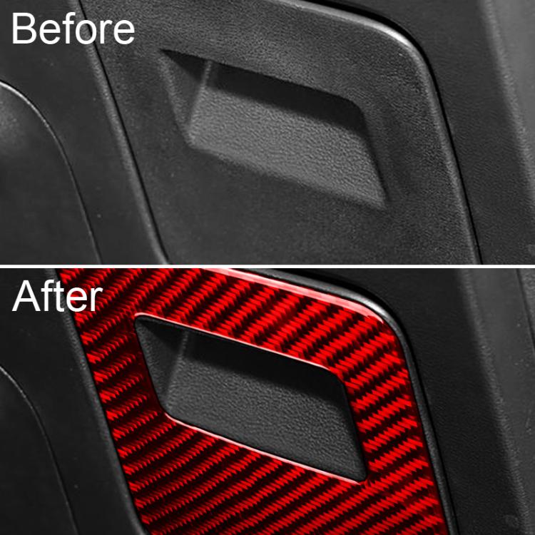 Installed glove box sticker, red carbon fiber with rectangular cutout