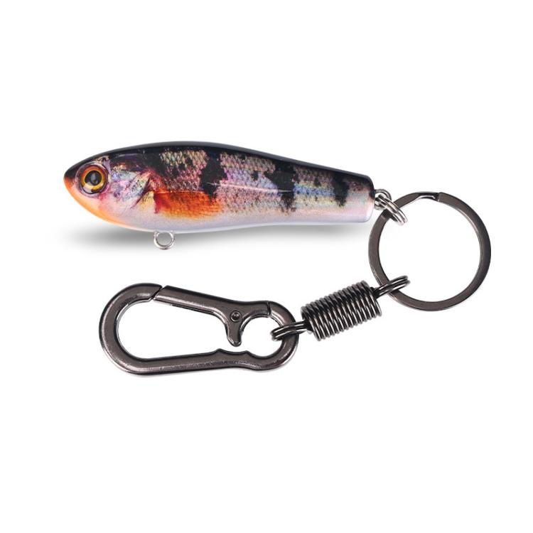 Fish lure keychain with keyring and spring clip, multicolor pattern in blue and red.