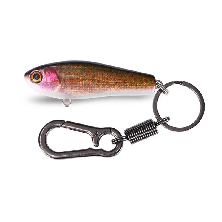 Fish lure keychain with keyring and spring clip, golden and pink painted finish.