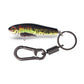 Fish lure keychain with keyring and spring clip, dark body with yellow and green accents.
