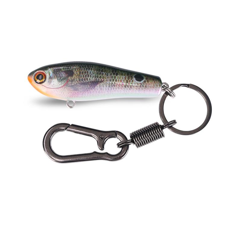 Fish lure keychain with keyring and spring clip, silver body with orange mouth highlight.