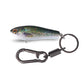 Fish lure keychain with keyring and spring clip, blue-green scale pattern and pale belly.