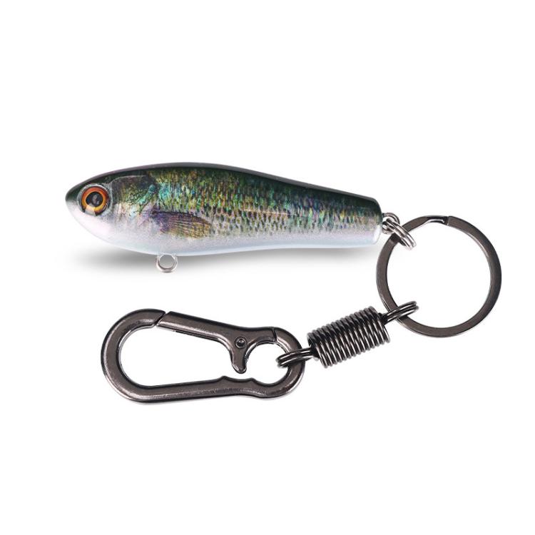 Fish lure keychain with keyring and spring clip, blue-green scale pattern and pale belly.