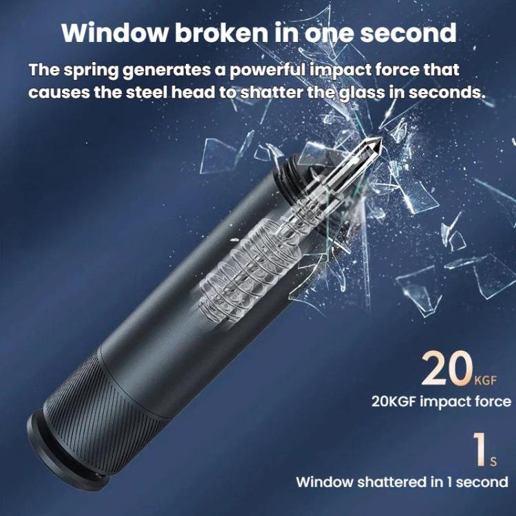 Car window-breaking safety hammer with black cylindrical body and spark impact detail