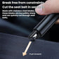Seat belt cutter integrated into a black safety hammer with blade extended