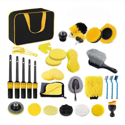 Car wash cleaning kit set with yellow brushes and sponges, plus storage bag