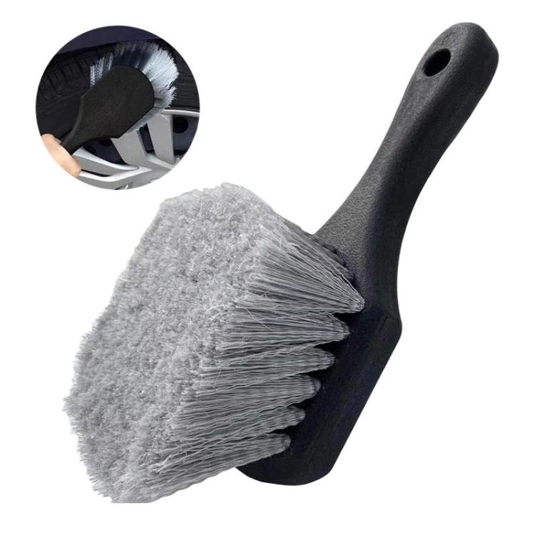 Car wash wheel scrub brush with gray bristle head on black handle