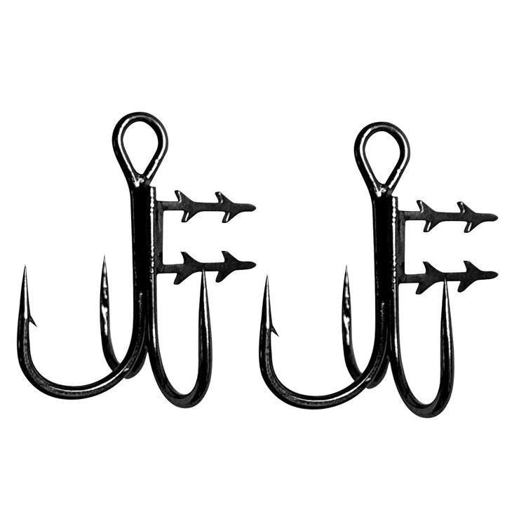 Two black treble hooks featuring barbed points and a bait-holder spike section