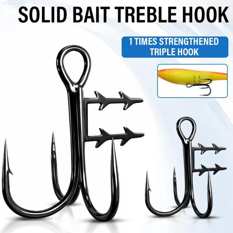 Black treble bait hooks with sharp points and bait-holder spikes, set of two