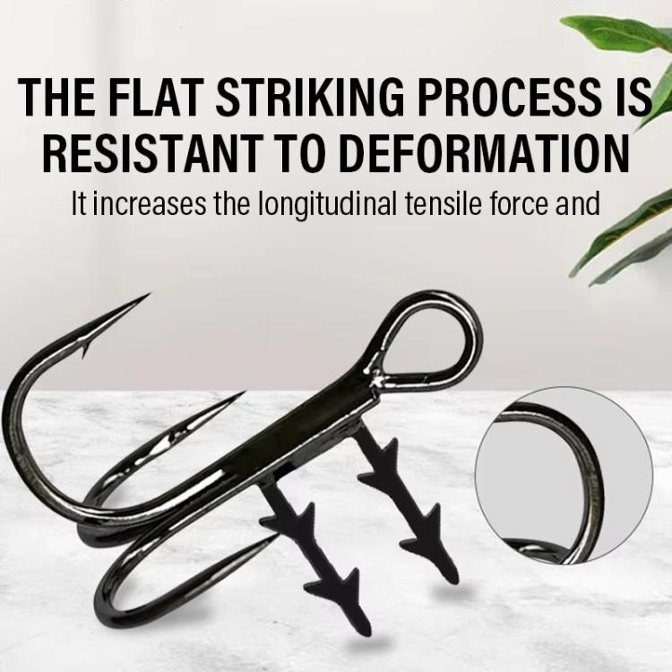 Black treble fishing hook with two outward barbs and split-ring eye, bait holder spikes
