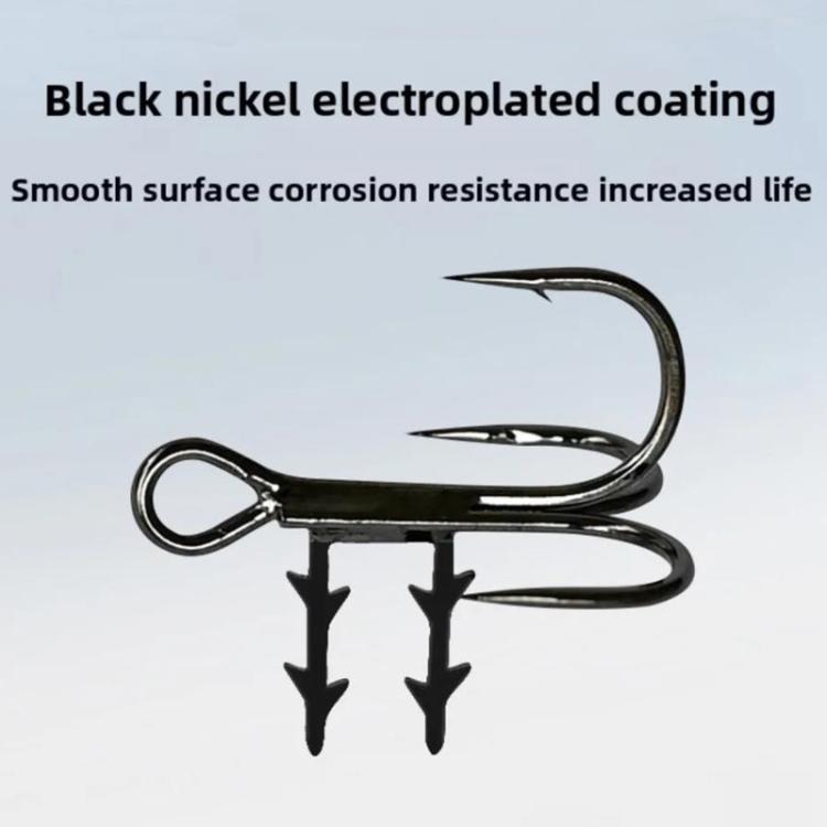 Black treble fishing hook set with bait holder spikes and three curved barbed points