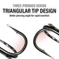 Black treble fishing hook with three prongs and pointed tips, bait holder style
