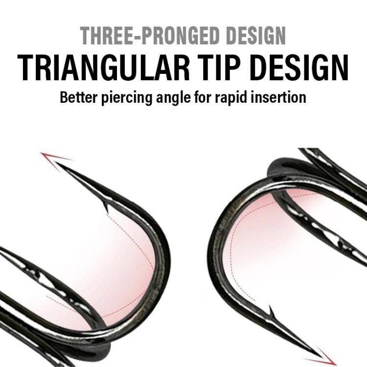 Black treble fishing hook with three prongs and pointed tips, bait holder style