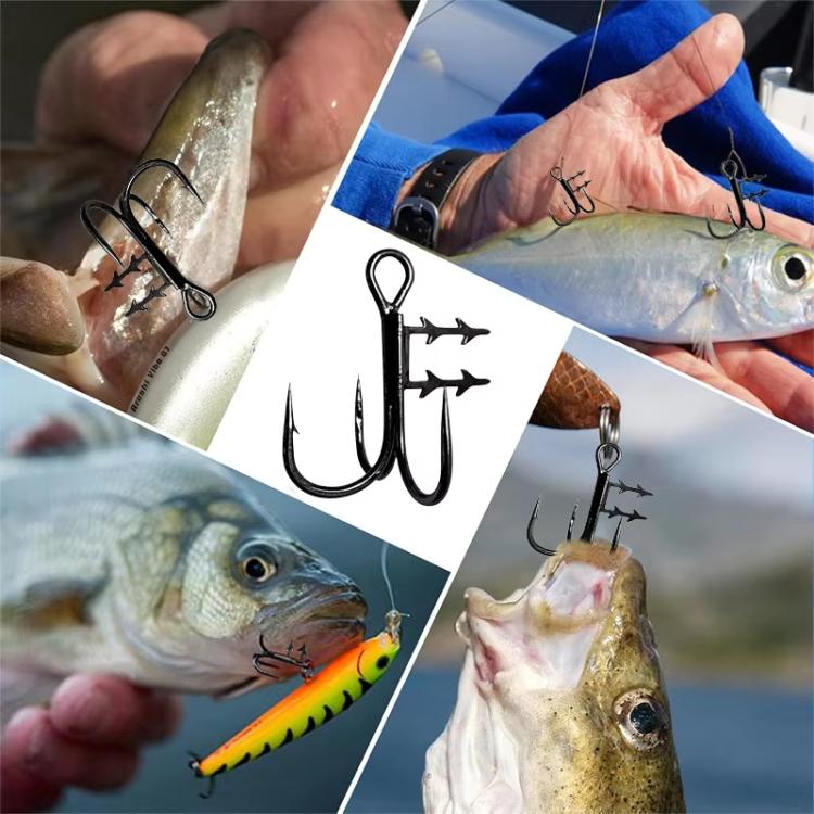 Three black treble hooks used on soft lures, showing barbed points