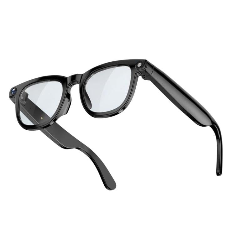 Black smart glasses with clear lenses, camera, and thick folding temples