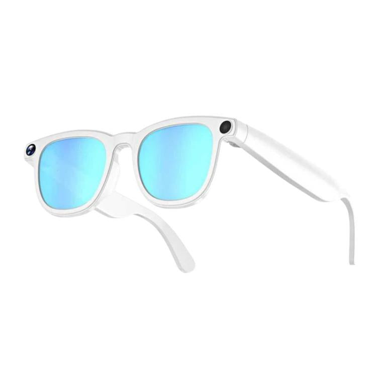 White smart glasses with blue gradient lenses, camera, and folding temples