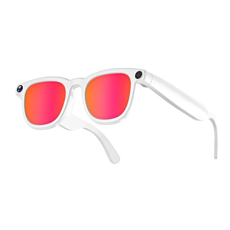 White smart glasses with red gradient lenses, camera, and folding temples