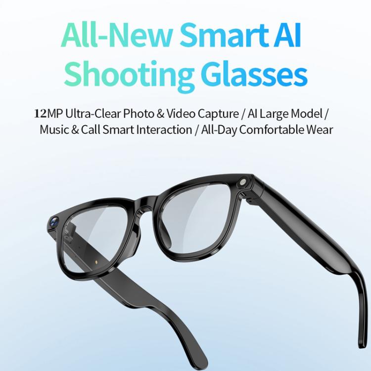 Black smart glasses with clear lenses, camera, and thick folding temples