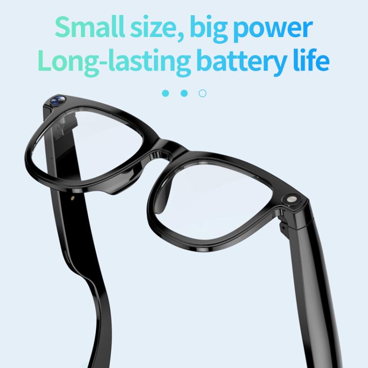 Black smart glasses with clear lenses and a small camera built into the frame