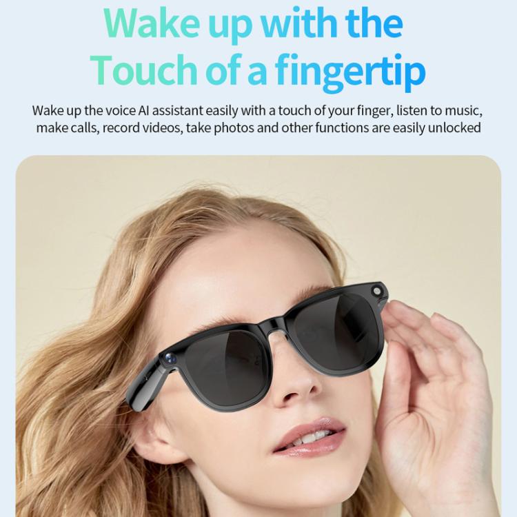 Black smart glasses with dark lenses, camera, and touch control shown being worn