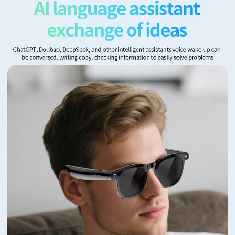 Black smart glasses with dark lenses and camera shown in side view while being worn