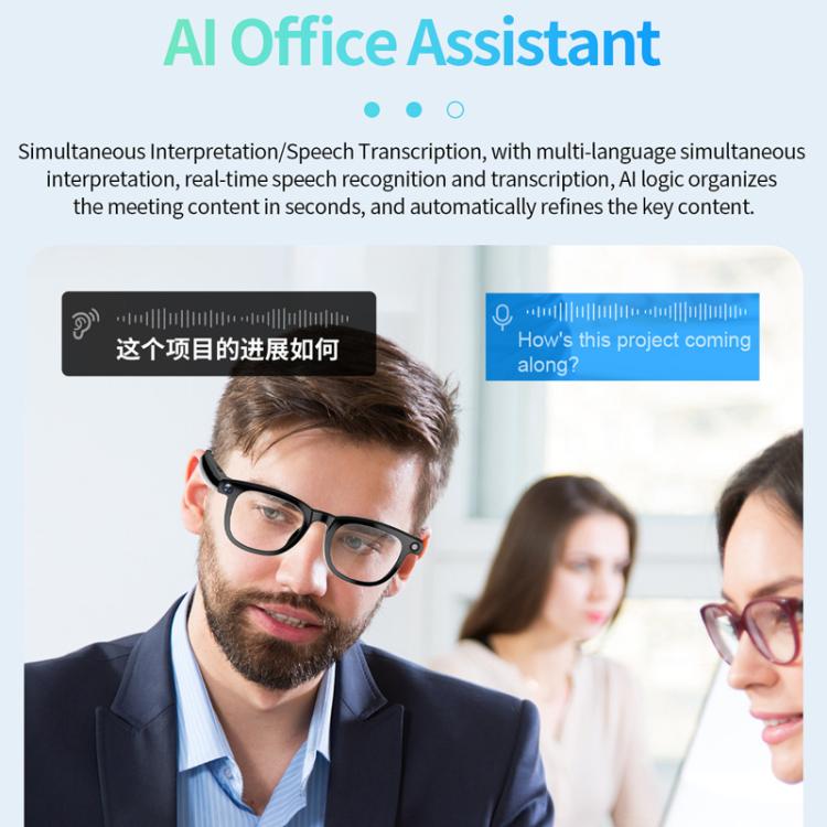 Black smart glasses with clear lenses worn during a live translation demonstration