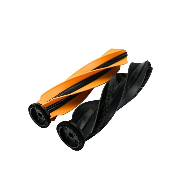 Robot vacuum replacement bristle roller brushes, one orange-and-black and one black set